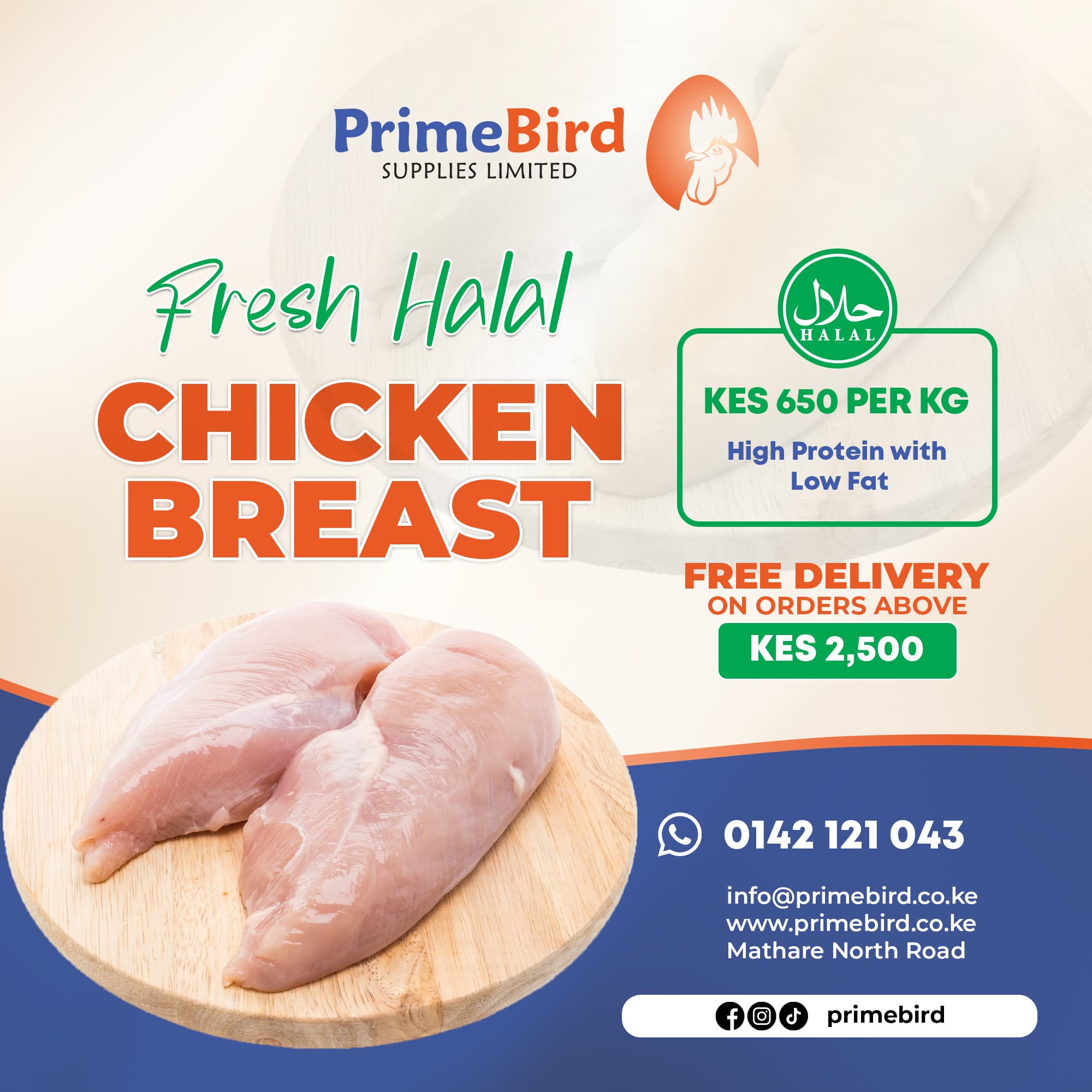 Fresh Halal Chicken Breast — KES 650 per kg, free delivery on orders above KES 2,500